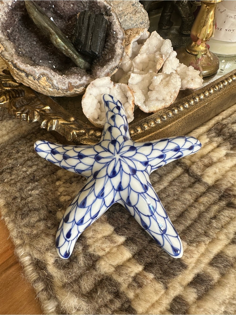 Andrea By Sadek White Porcelain Starfish with Blue Lattice Pattern